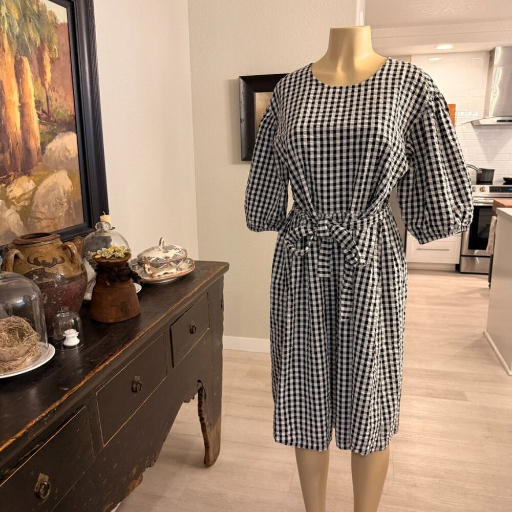 MONKI Gingham Seersucker Black&White Balloon Sleeve DRESS w/ waist tie